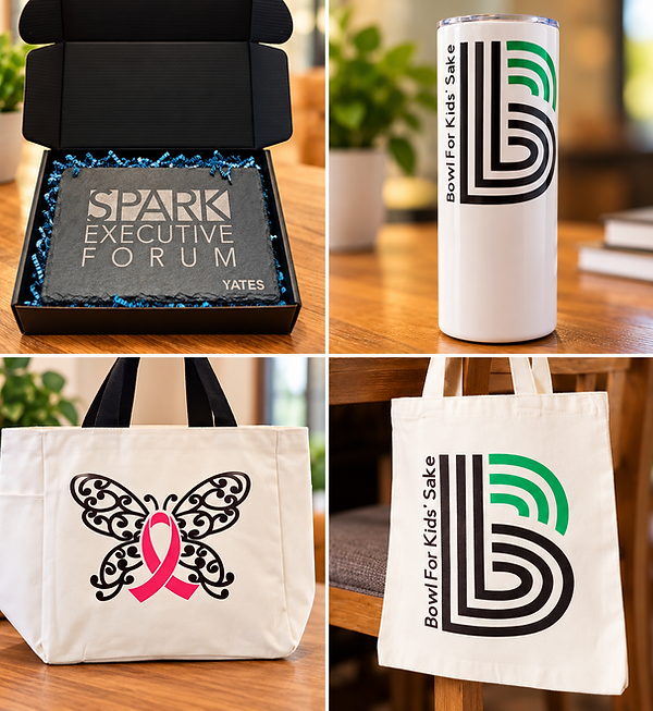 Collage of custom business and nonprofit merchandise including a Spark Executive Forum gift, Bowl for Kids’ Sake tumbler and branded tote bags