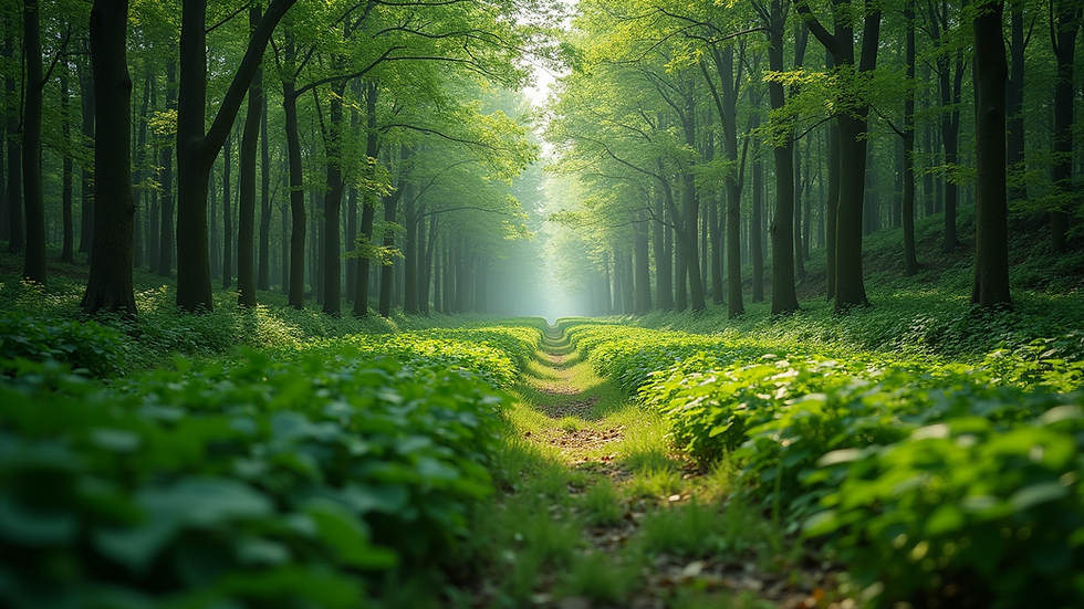 Wide angle view of a lush green forest