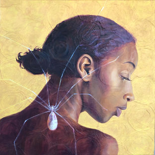 Black, Female, Figurative, Oil Painting, Gold, Empowerment, Spider, Portraiture, Contemporary Figure Painting, Lisa Matrundola
