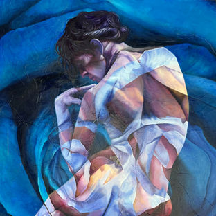 Figurative painting, oil, panel, blue, teal, rose, female, sensuality, body.