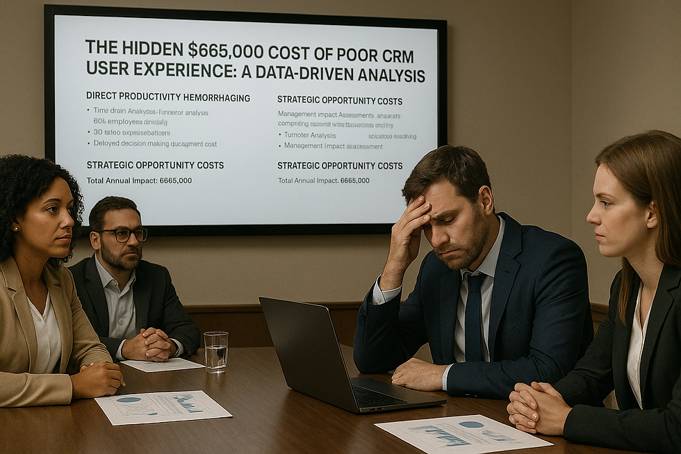 Four people in a meeting room look concerned, facing a screen displaying "The Hidden $665,000 Cost of Poor CRM User Experience."