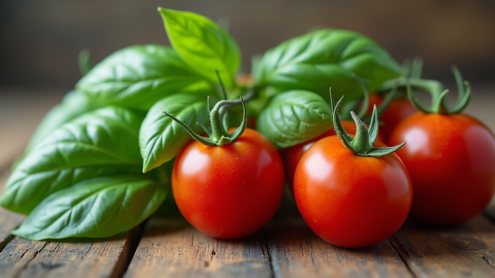 Close-up view of fresh basil and ripe tomatoes on a rustic wooden table