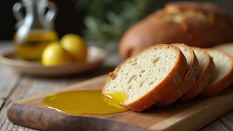Eye-level view of a wooden board with sliced Italian artisan bread and olive oil