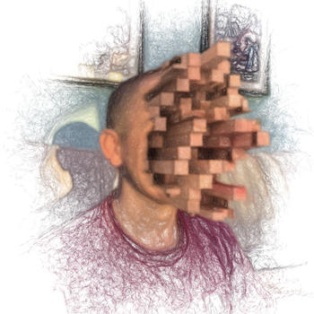 An abstraction of a human head turning into 3D blocks