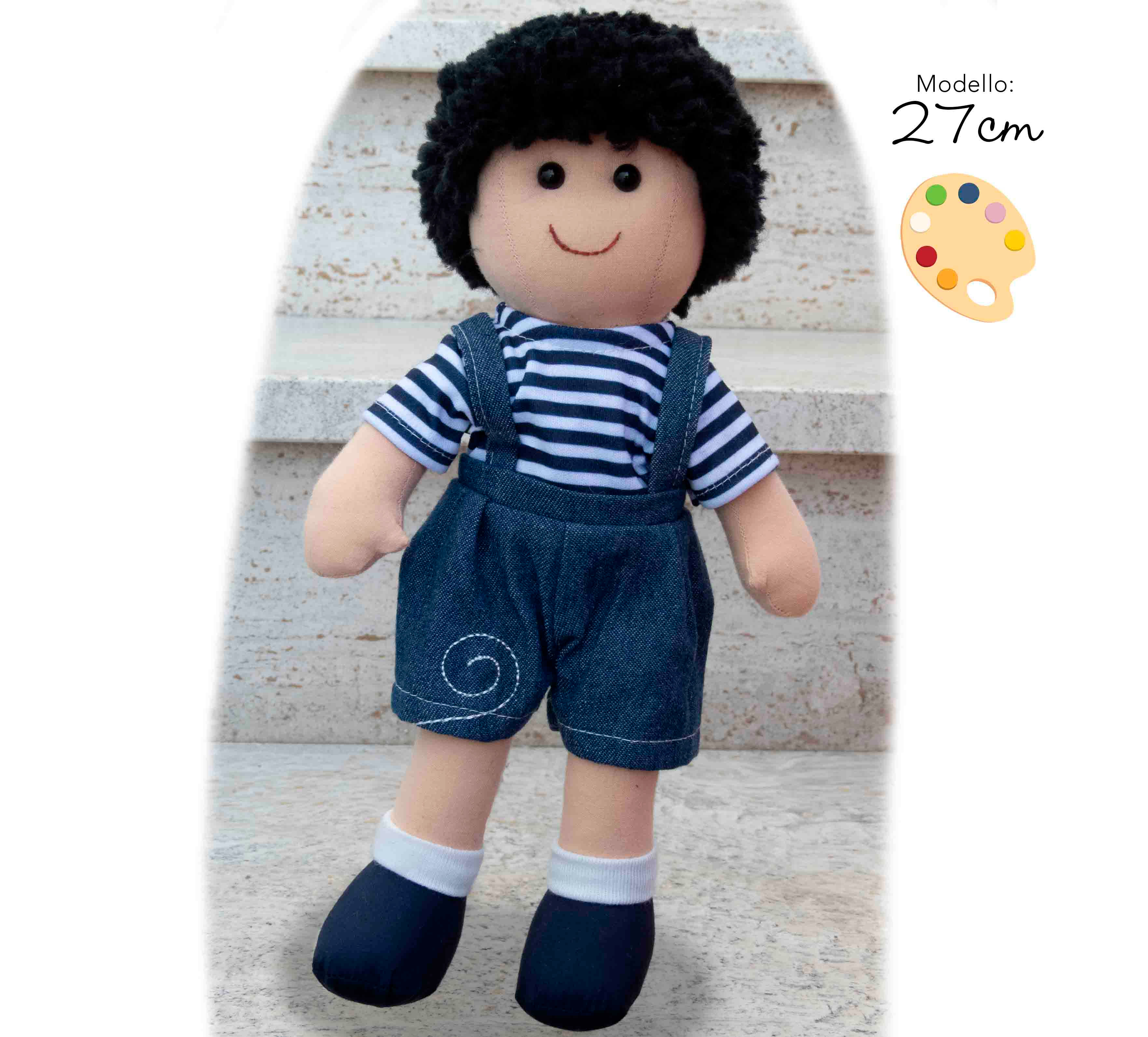 Capelli neri corti + vestito con pantaloni e maglia a righe
