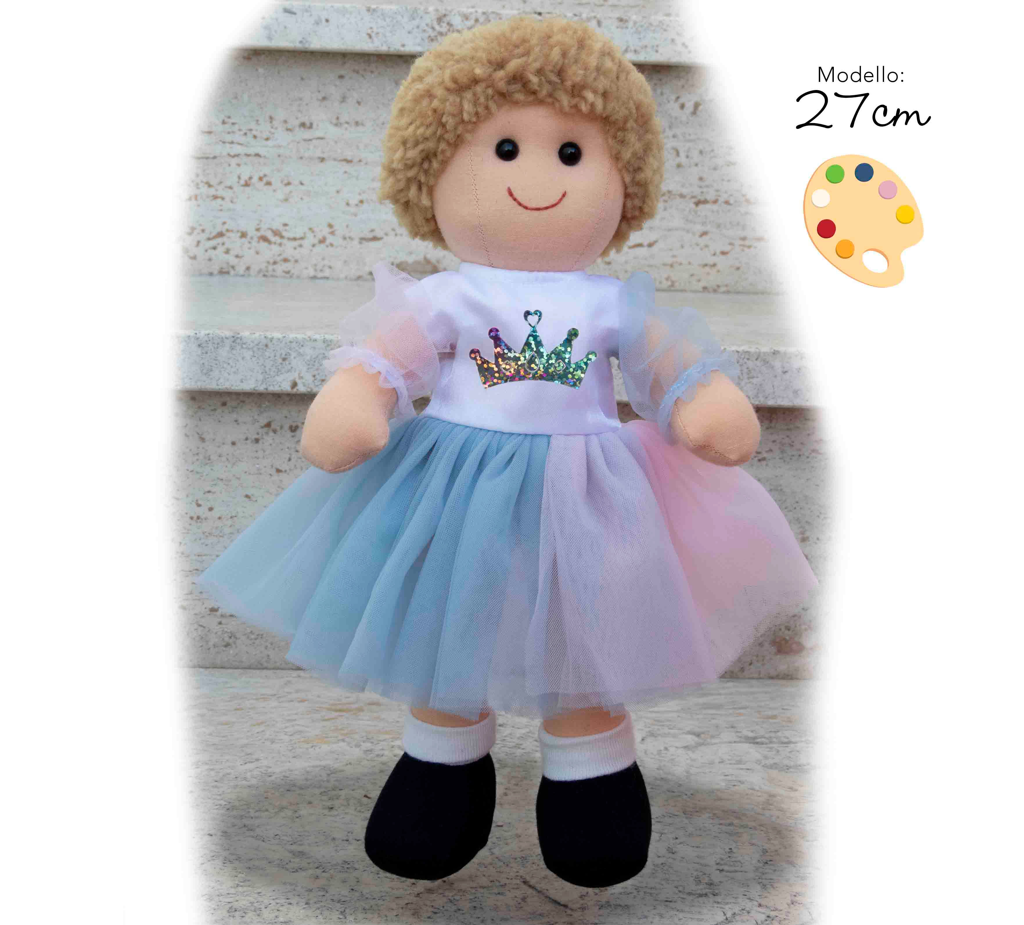Capelli biondi corti + vestito tulle rosa e azzurro