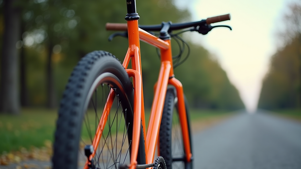 Eye-level view of a custom orange bicycle with unique design