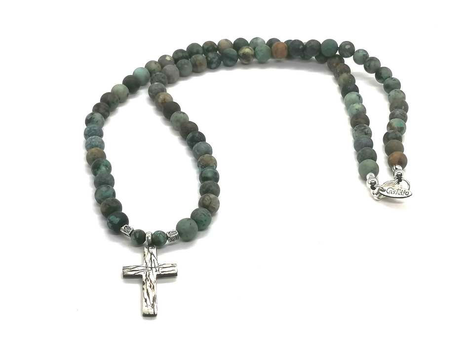 Castello Beaded African turquoise stone necklace,Cross silver 925