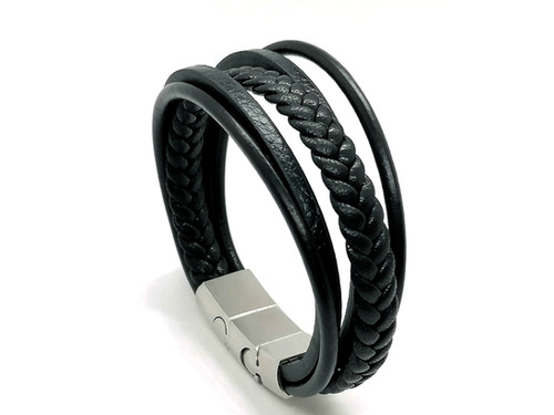 Black Multilayer Braided Leather Bracelet, Stainless Steel Double