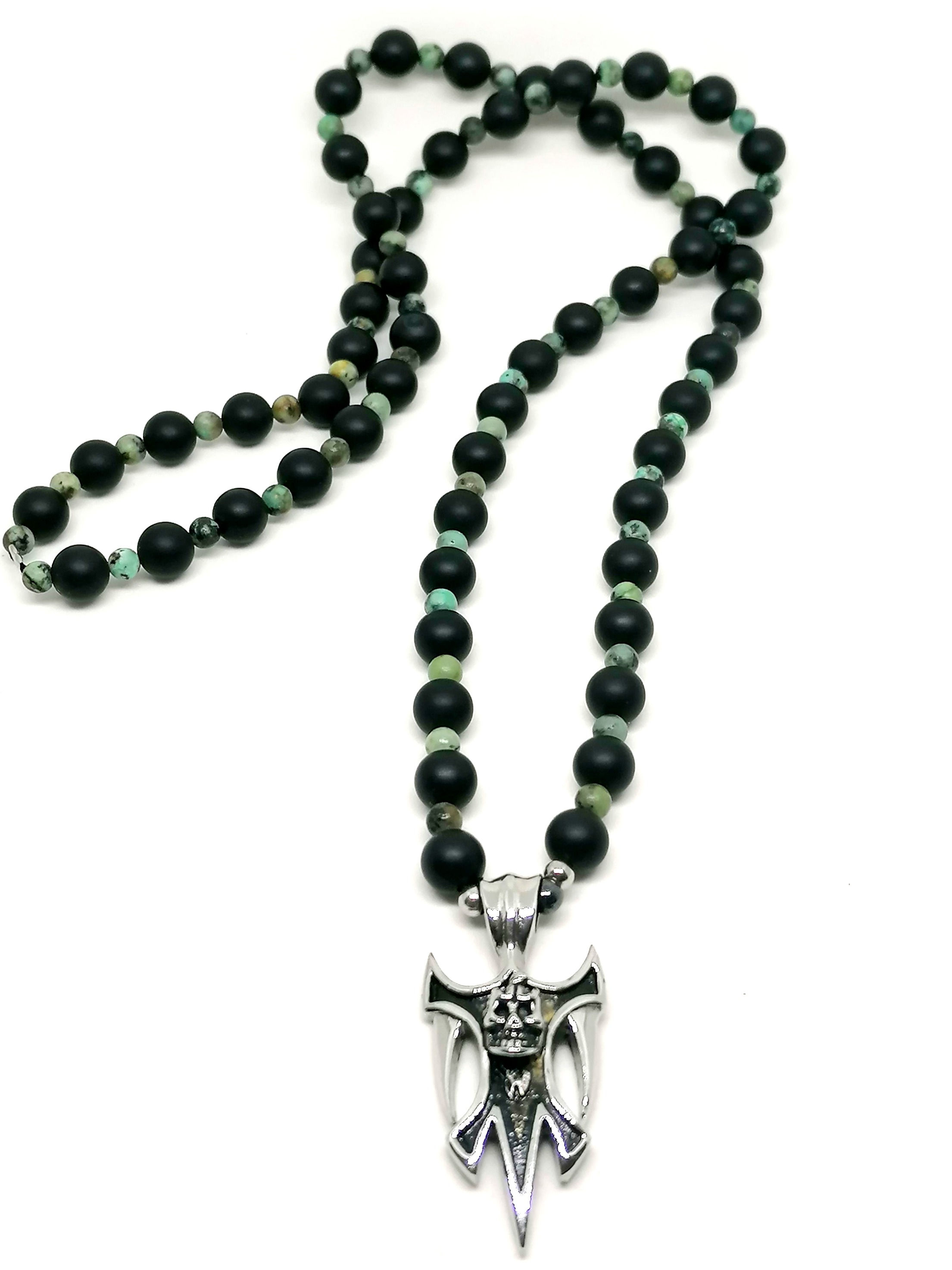 Necklace  Gothic Skull, Stainless Steel, Onyx stone
