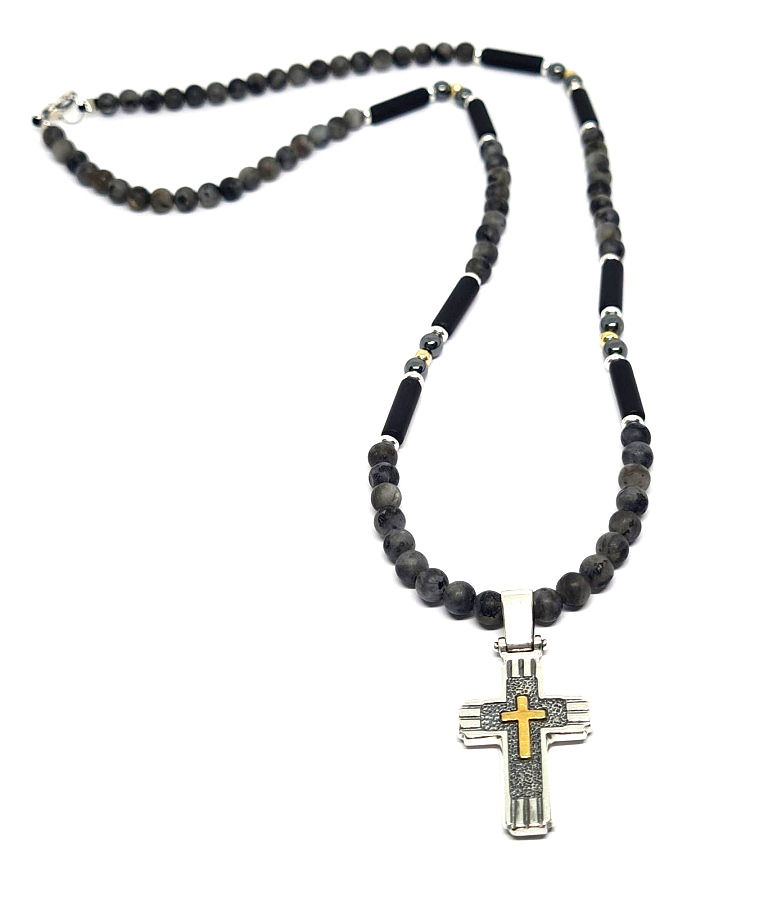 Hand Made "SILVER 925" Cross With Lambradorite and Onyx 4mm