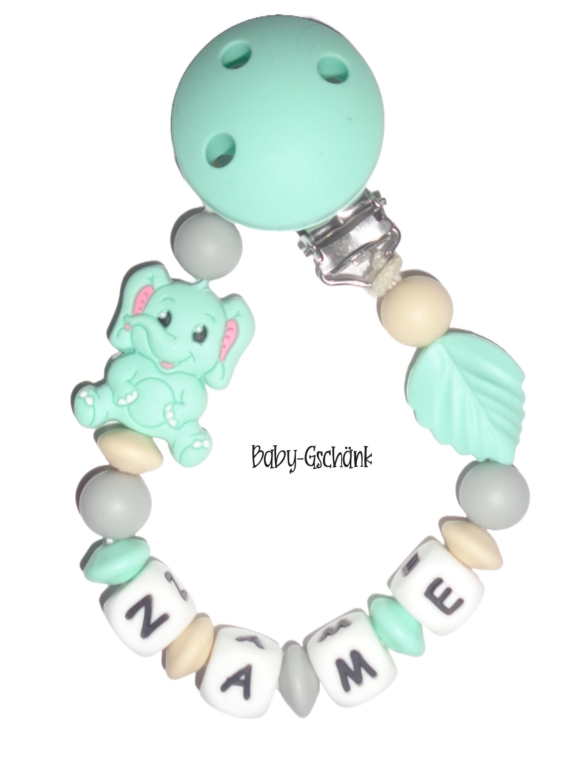 Silikonnuggikette mit Elefant und Blatt