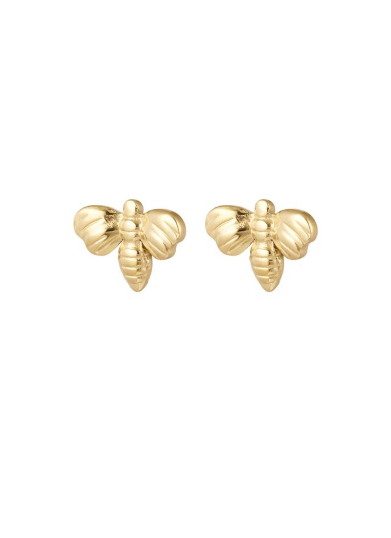 Golden bee earrings, isolated on white background, elegant jewelry concept.