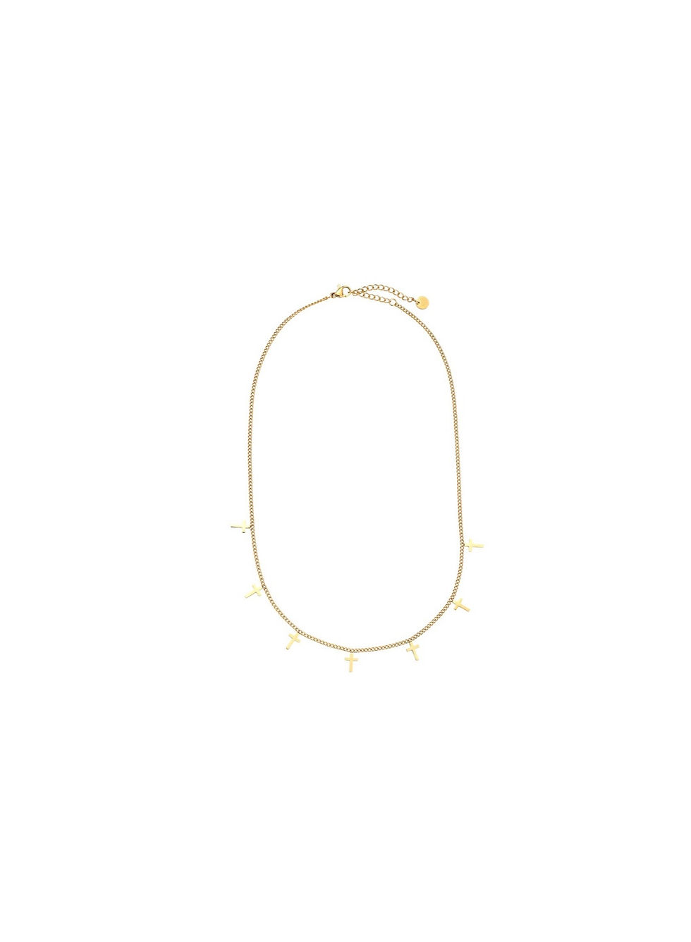 Goldene Halskette mit kleinen Anhängern, elegantes Schmuckstück auf weißem Hintergrund.