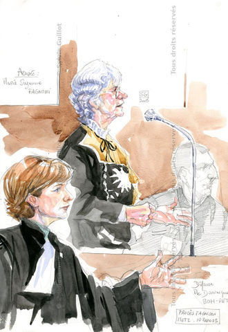 Croquis d'audience de l'accusée Marie-Suzanne Fagnoni et de l'avocate de la défense Dominique Boh-Petit aux assises de Metz lors du procès Fagnoni en mars 2005 par Sylvie Guillot.