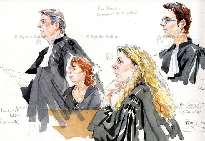 Croquis d'audience des avocats de la partie civile Christian Vignet, Pascale Corbet et Frédérique Alfonso aux assises d'Évry lors du procès Guillaud en février 2004 par Sylvie Guillot.