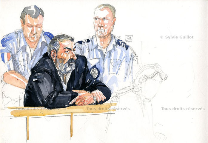 Croquis d'audience de l'accusé Jacques Kaisermertz à la cour d'assises de Nevers lors du procès Kaisermertz en 2001 par Sylvie Guillot.