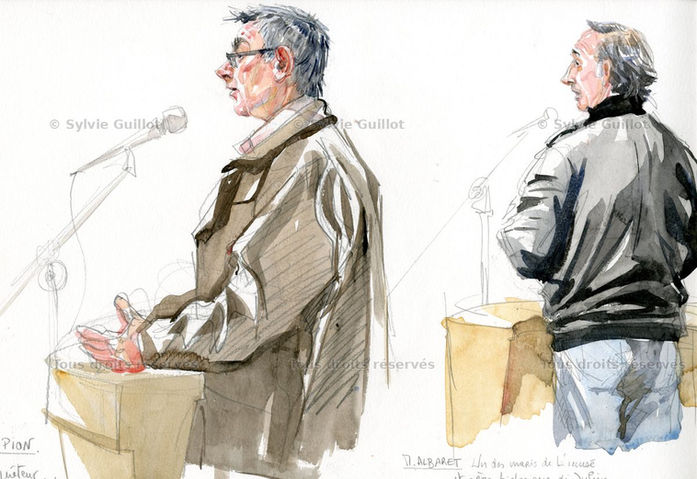 Croquis d'audience de l'enquêteur M. Pion et de M. Albaret, père biologique du fils de l'accusé aux assises d'Amiens lors du procès Ponthieux en avril 2008 par Sylvie Guillot.
