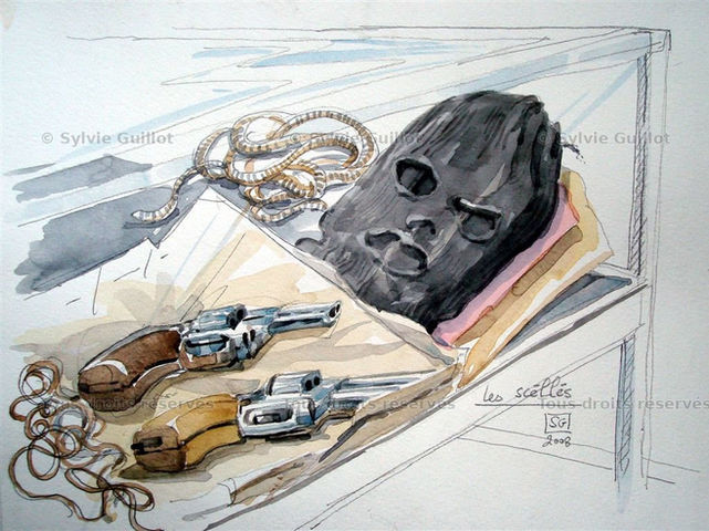 Croquis d'audience des scellés aux assises de Charleville-Mézières lors du procès Fourniret en mars 2008 par Sylvie Guillot.