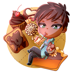 Pollux sips on bubble tea while sitting on a slice of pie, surrounded by other pastries.