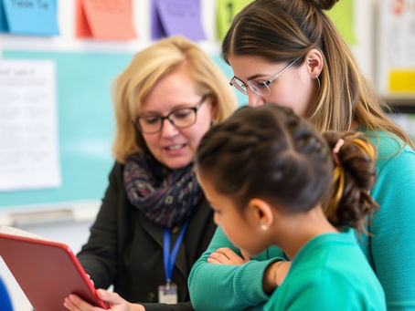 A school leader helps a teacher in class