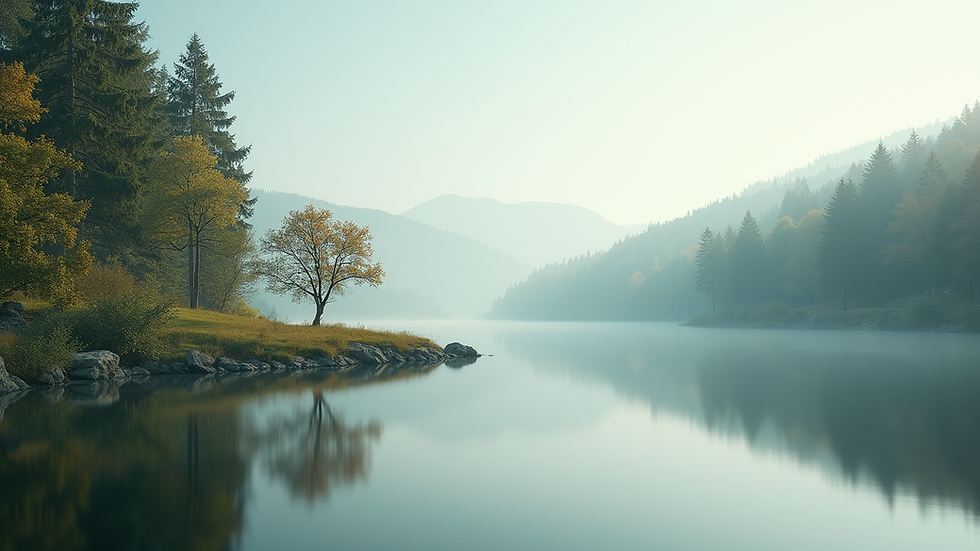 Eye-level view of a serene landscape with a tranquil lake and surrounding trees