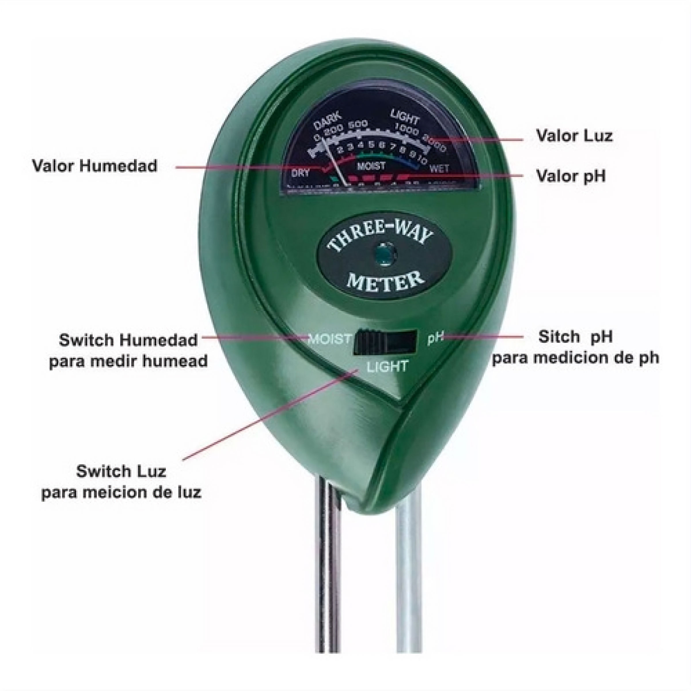 Medidor 3 En 1: Ph, Humedad y Luz
