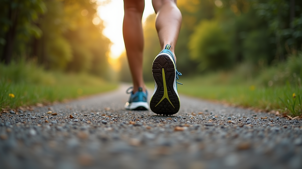 Eye-level view of running shoes on a gravel path