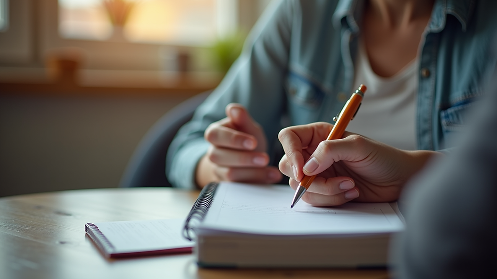 Close-up view of a counselor’s hand holding a notebook during a session
