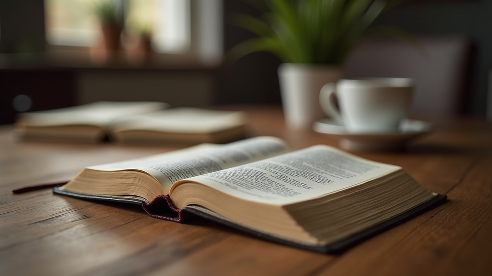 Close-up view of a Bible and journal on a wooden table