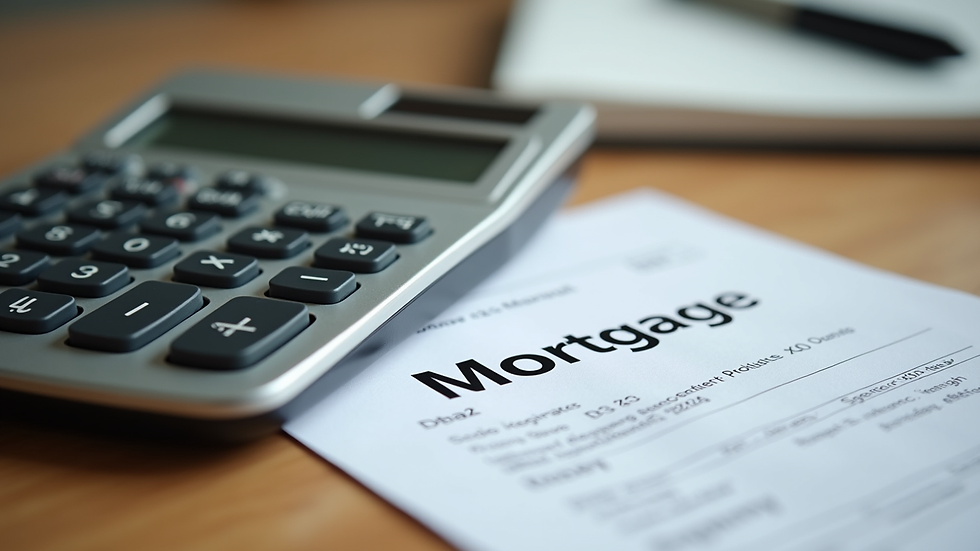 Eye-level view of a calculator and mortgage documents on a wooden table