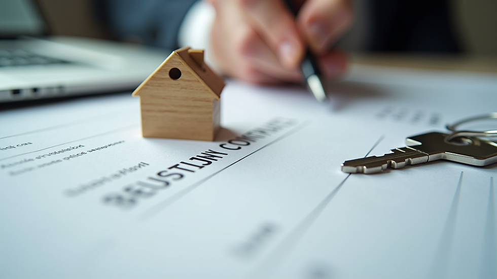 Eye-level view of a house key on a contract with a pen
