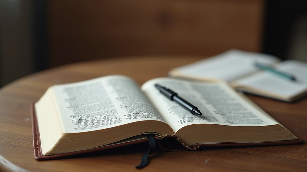 Close-up view of a Bible and notebook on a wooden table