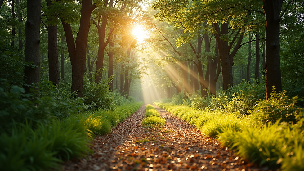 High angle view of a peaceful nature trail with sunlight filtering through trees