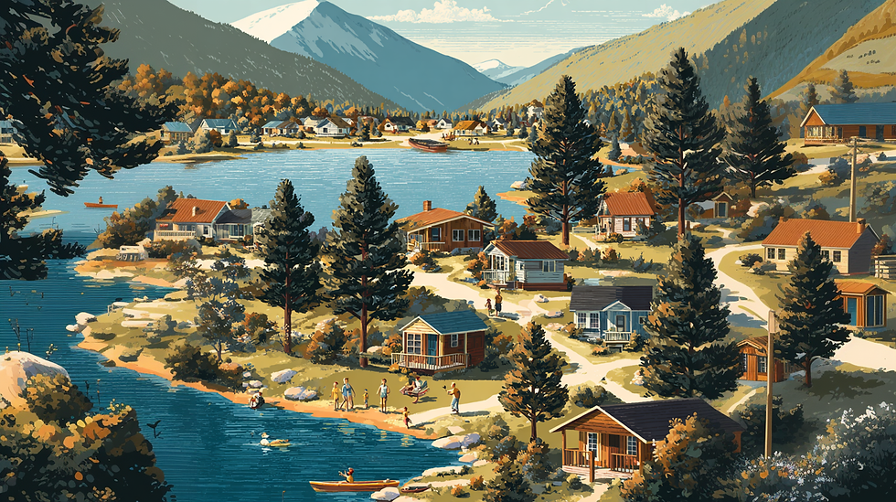 illustration Scenic rural lakeside community with small cabins and tidy lots, friendly neighbors chatting, children playing, clear blue sky, warm afternoon light, inviting and safe atmosphere, detailed realistic style