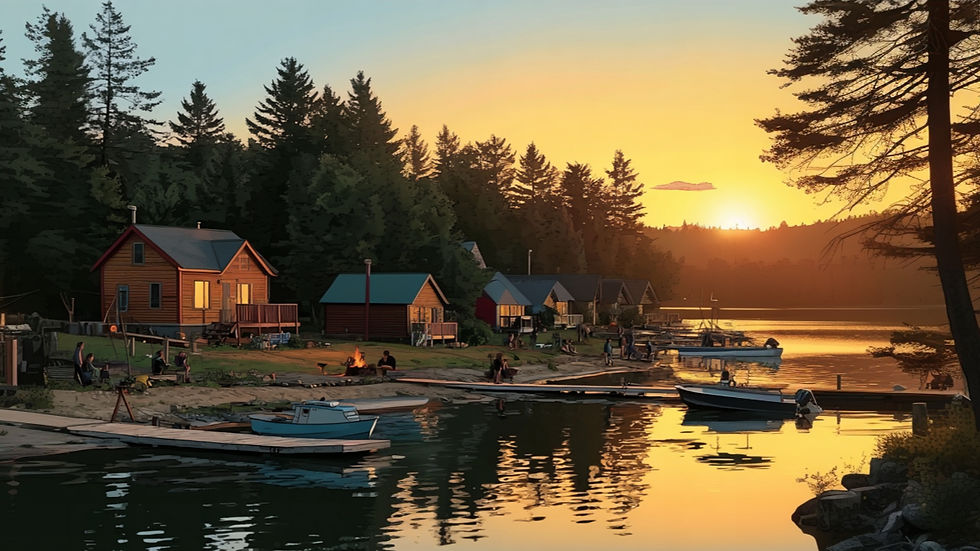 Friendly lakeside neighborhood with small cabins, people enjoying campfires, docked boats, golden hour