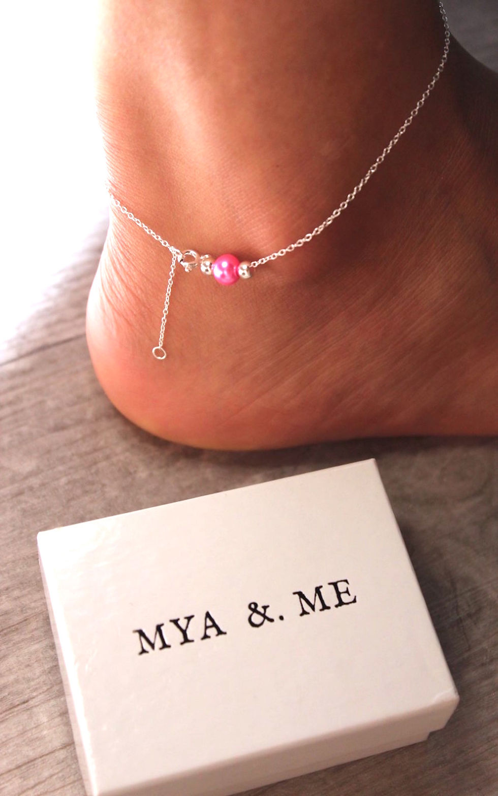 925 Sterling Silver Anklet with Hot Pink Glass Bead and Double Silver Ball Detail