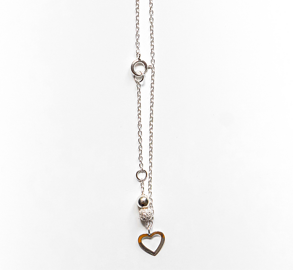 925 Sterling Silver Anklet with Heart Charm, glitter and plain ball detail.