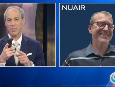 News Channel 9 reporter interviews Ken Stewart split screen