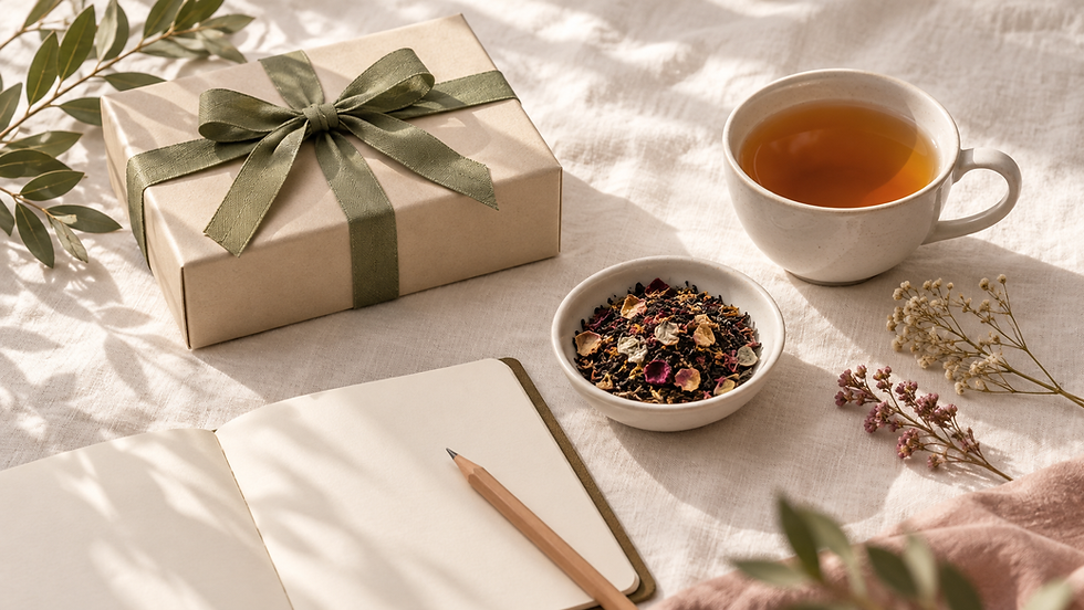 A cream gift box tied with olive ribbon beside a cup of tea, loose leaves and an open notebook on a linen table.