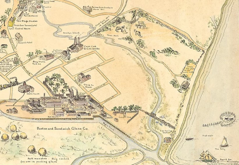 A portion of Jane “Jennie” Bradford Jones map depicting the Glass Factory days of 1825-1888. Note her inclusion of St. John’s Park with fountain, fence and trees.