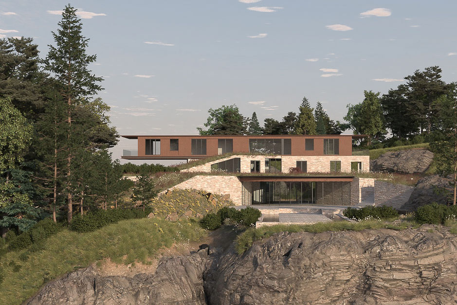 trees and rock faces and contemporary house 