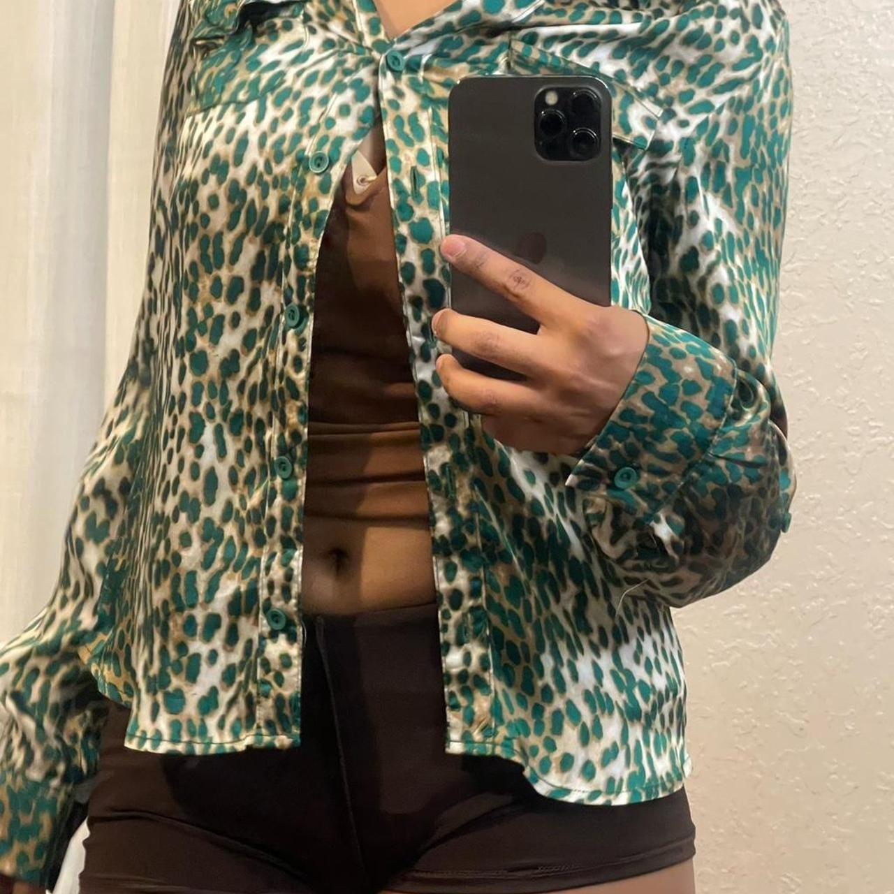 Green Leopard Print Satin Button Up Blouse Size S