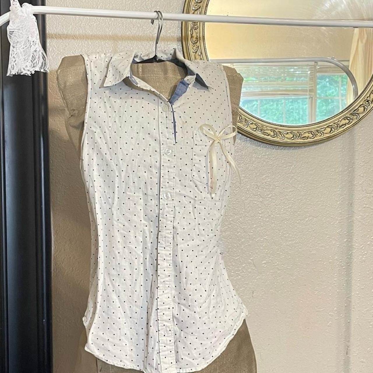 Forever 21 White Polka Dot Button Up Blouse With Tie Detail Size S