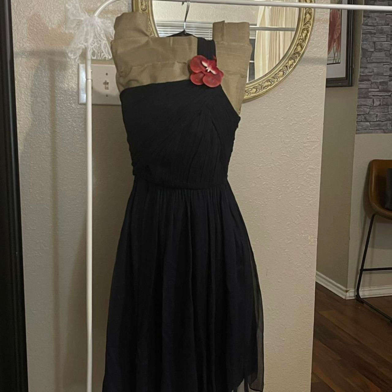 Blue One Shoulder Dress With Red Flower Detail