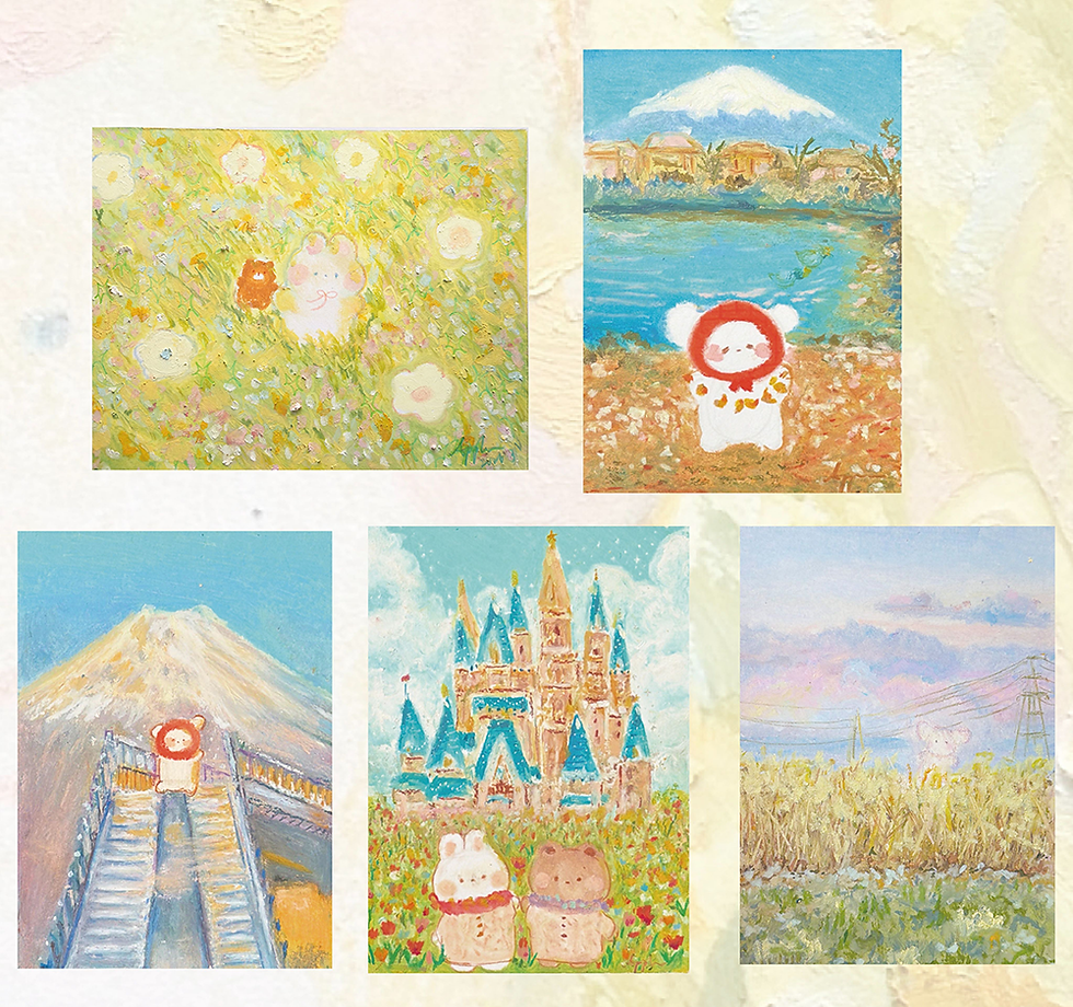 サムネイル： 春のはじまり：手描き星河紙 両面ポストカード （5枚セット）