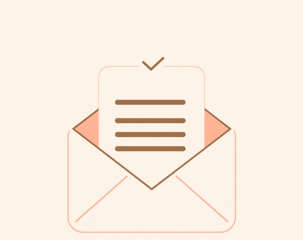 A minimal digital illustration showing delivery of a document via email. Include a simple 