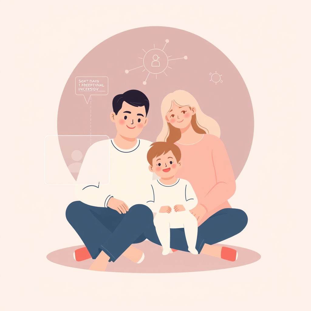 A clean and minimal digital illustration of a parent and child sitting calmly, with a soft