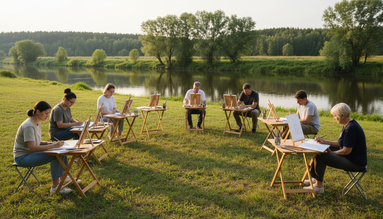 Wide-angle view of an outdoor art workshop set beside a quiet river bank.