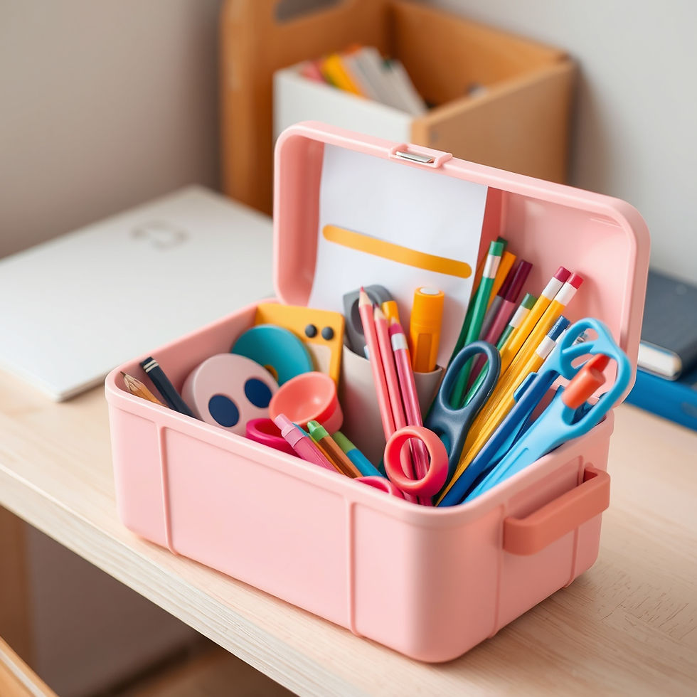 a softly colored toolbox with school supplies inside and outside sitting on a light wood d